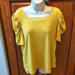 Adrianna Papell Anthro Stretchy Square Neck Dotted Yellow Balloon Sleeve Size M